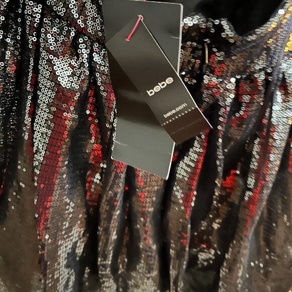 BNWT BEBE Gunmetal Sequined Halter Deep V-Neck Petticoat (S) - Picture 9 of 9